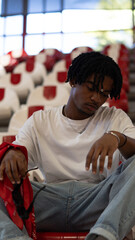 Young Man in Casual Outfit Looking Down in Urban Setting