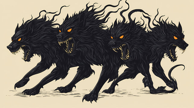Cerberus the three-headed guardian of the underworld. Shadow Beast. Illustration