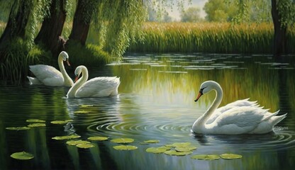 White swans are splashing in the water In a beautiful green lake