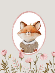 Cute hand drawn animal, fox character in vintage frame, Retro animal portrait for baby posters, nursery wall art, kids print