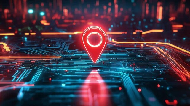 A red digital map pin stands prominently on a high-tech circuit board, representing connectivity and navigation in technology