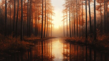 A tranquil woodland setting features tall trees with dappled sunlight filtering through, while a calm river reflects the warm colors of the setting sun, inviting peace and nostalgia