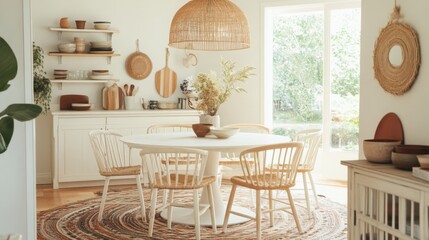 This stylish dining area showcases a round table surrounded by comfortable chairs, all illuminated by natural light streaming through large windows. The decor incorporates warm tones and textures.