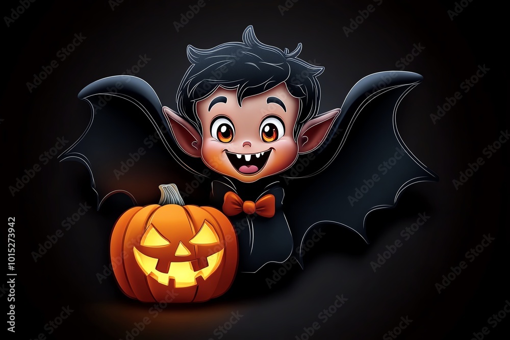 Poster simple outline of a boy vampire, with minimal shading and a glowing jack-oâ€™-lantern next to him, s