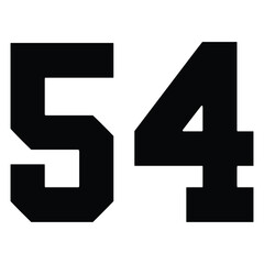 54 Classic Vintage Sport Jersey Uniform numbers in black with a black outside contour line number on white background for American football, Baseball and Basketball or soccer for shirt