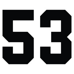 53 Classic Vintage Sport Jersey Uniform numbers in black with a black outside contour line number on white background for American football, Baseball and Basketball or soccer for shirt