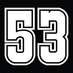 53 Classic Vintage Sport Jersey Uniform numbers in black with a black outside contour line number on white background for American football, Baseball and Basketball or soccer for shirt