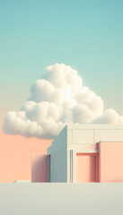 modern building and clouds on pastel background