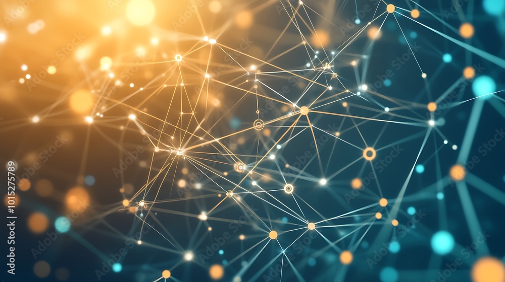 Poster Abstract background with a network of interconnected lines and dots in blue and gold tones.