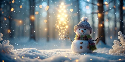 Obraz premium In a serene winter forest, a delightful snowman basks in soft bokeh effects and falling snow, crafting an enchanting setting for extraordinary winter