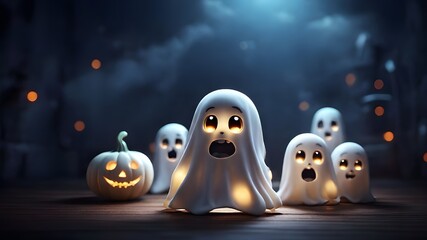 Cute Animated White Spooky Ghosts for Halloween on a Scary Dark Background - AI-Generated