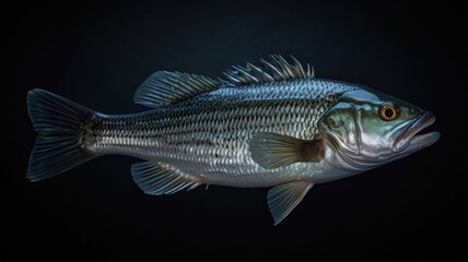 A striped bass, also known as a rockfish, is a popular game fish that is found in the Atlantic Ocean. It is a silver fish with dark stripes running down its body. It has a large mouth and fins.