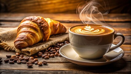 Indulge in the elegance of macro photography featuring a creamy latte with intricate art, complemented by a flaky croissant on a charming wooden
