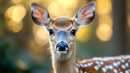 A young deer with large ears looks directly at the camera with a blurred background of green foliage and golden bokeh.