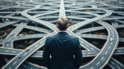 Businessman Contemplating Network of Roads, A suited businessman stands with his back to the camera, gazing at a complex network of roads and highways stretching before him.