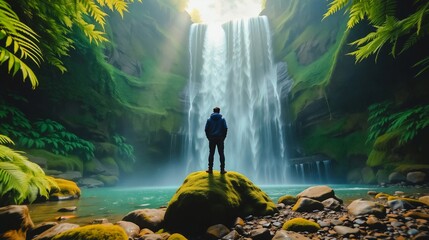 Obraz premium Tranquil Moment by Waterfall, A person stands on a rock amidst lush greenery, dwarfed by a majestic cascading waterfall. The serene scene emphasizes peace and connection with nature. Ideal for travel.