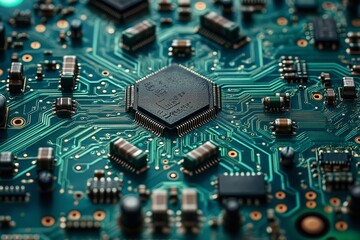 Obraz premium A blue and green abstract background featuring a 3D illustration of an electronic PCB (Printed Circuit Board).