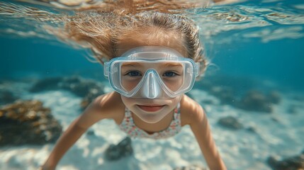 Naklejka premium A young girl wearing a diving mask smiles while swimming underwater.