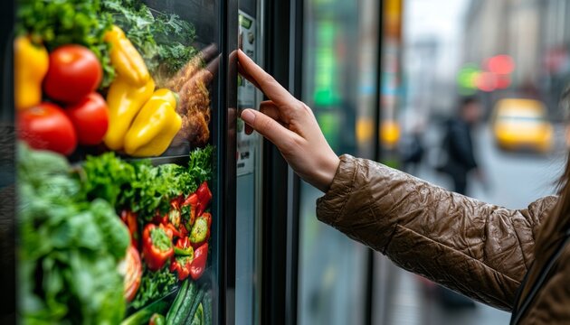 Customer Using Touch Screen On Vending Machine To Order Healthy Food, Urban Environment