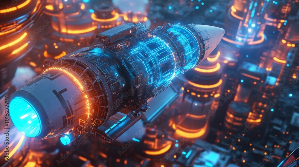 Poster a sleek spacecraft with glowing blue and orange lights navigates high above a vibrant cyberpunk city