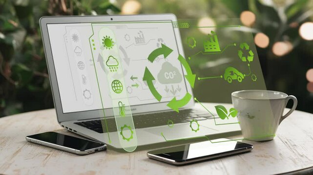 Green energy zero emission carbon co2 reduction graph charts,business virtual touch screen to show alternative energy growth....Generative AI