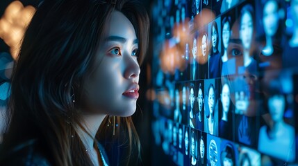 A beautiful young woman looking at the screen of a modern cinema.