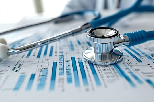A doctor analyzing a financial graph, showcasing virtual data and growth trends in the healthcare and medical insurance sectors.