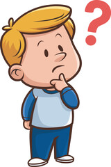 Cartoon Boy in Deep Thought with Question Mark Illustration