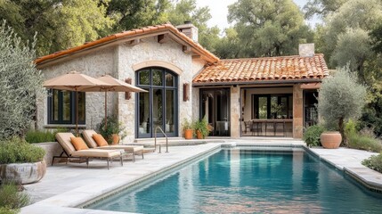 Fototapeta premium exterior studio mcgee style traditional photo of pool, traditional pool house