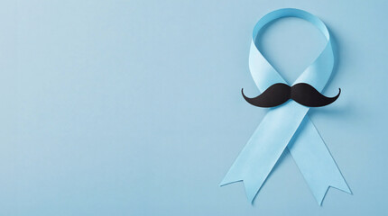 Black moustache on blue ribbon on light background, symbol of men's prostate cancer awareness month. Movember concept. Oncology disease campaign.