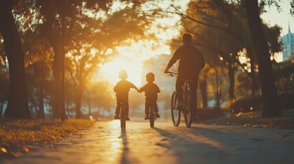 Father teaching his son cycling at park, sunset light