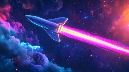 A spaceship with a glowing blue hull is shown blasting off into the night sky. It leaves a long trail of light, pink at the center fading to orange at the edges, behind it