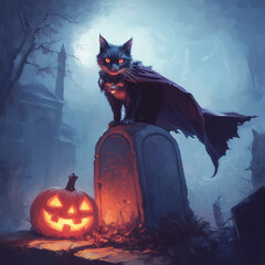 A vampire cat wearing a cape, standing proudly atop a tombstone, with a glowing jack-o'-lantern nearby.