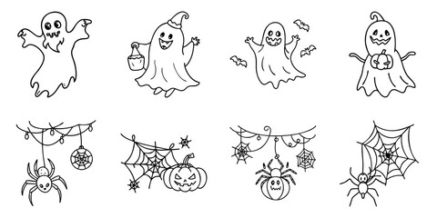 Obraz premium Halloween ghost and spider doodle illustration set with spooky decorations 