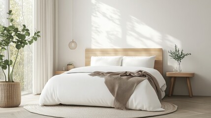 This stylish bedroom features a comfortable bed with neutral bedding, surrounded by natural light from large windows. The decor is minimalist, highlighting a cozy atmosphere filled with greenery.