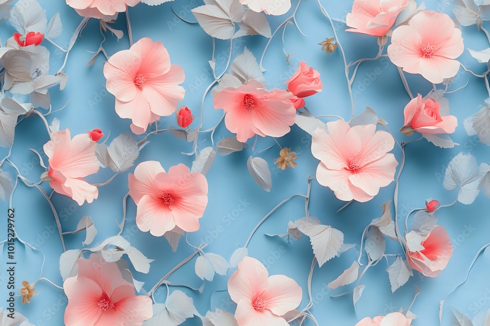 Wall mural Floral pattern with pastel flowers on blue background