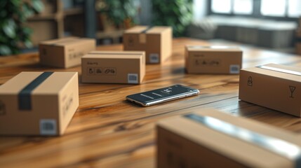 A smartphone with an order tracking app on a wooden desk surrounded by packages. The scene highlights the convenience and efficiency of modern logistics.