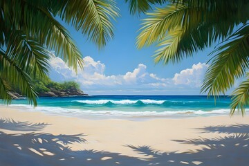 Tropical beach with palm leaves framing the scene