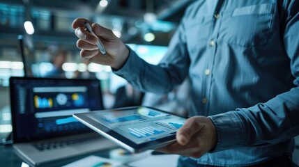 A professional analyzing data on a digital tablet in a modern office. The background includes colleagues and office equipment, creating a collaborative work atmosphere.