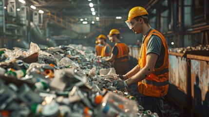 Workers in a recycling plant sorting waste with digital monitoring systems. The scene is dynamic and efficient, emphasizing modern waste management practices.