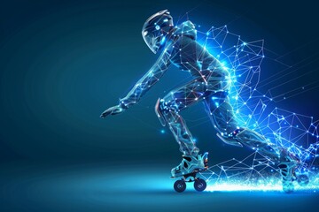 digital Roller skating in low poly wireframe design, sports technology, motion tracking, and the future of smart sporting equipment in urban mobility.
