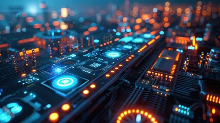 Fototapeta premium A smart grid with energy consumption data displayed on digital screens. The scene is futuristic with blue lighting, highlighting smart technology and energy management.