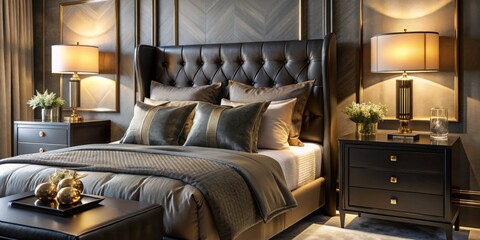 Obraz premium Sleek black bedroom furniture featuring exquisite gold hardware, skillfully portrayed in night photography, creates an atmosphere of elegance and