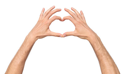 Two male hands showing love sign in heart shape by connecting index and thumbs isolated on...