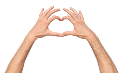 Two male hands showing love sign in heart shape by connecting index and thumbs isolated on transparent background, png file