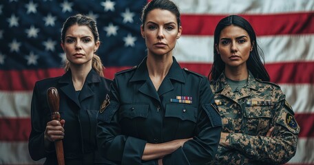 Fototapeta premium Confident and strong women in military and official uniforms standing in front of American flag