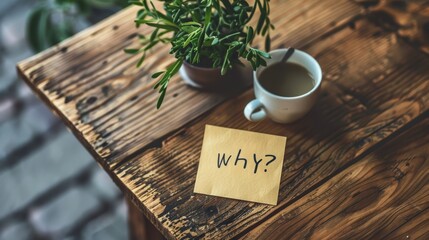 Text question mark why on a small paper note on the table