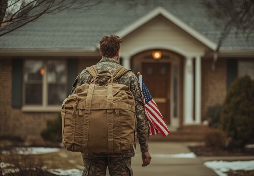American soldier returns home to a welcoming neighborhood house with an American flag on his backpack, symbolizing patriotism and homecoming
