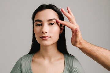 Obraz premium Blepharoplasty eyelids surgery to manage sagging eyebrows, droopy upper lids and eye bags. Blepharoplasty to get rid of excess skin from eyelids.