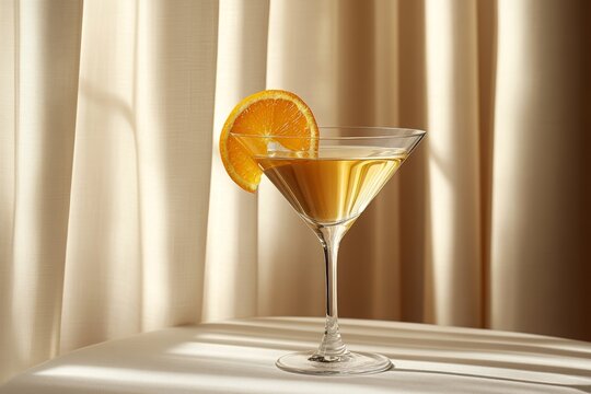 a glass of martini with a slice of orange against beige curtains